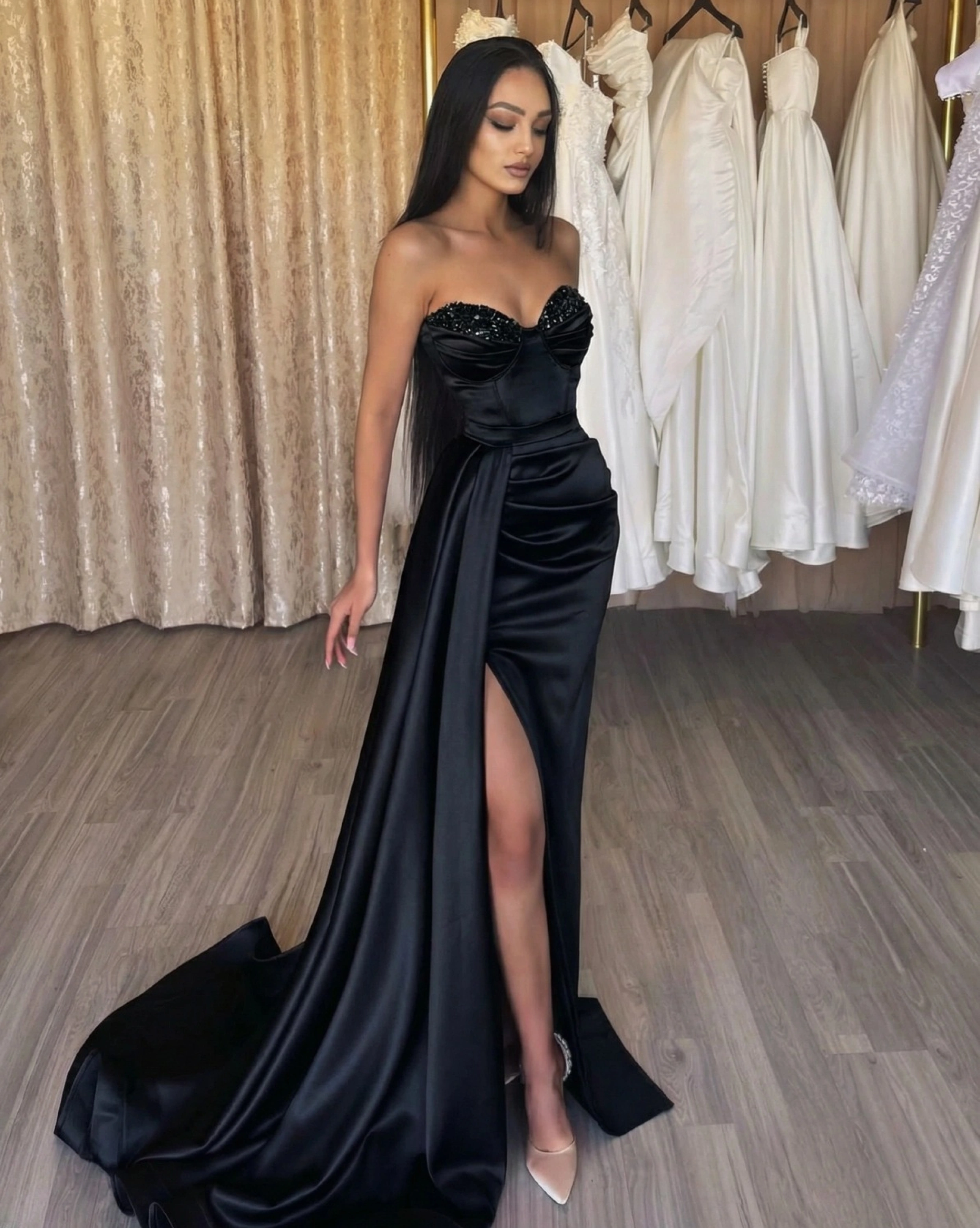 Rochie lunga Hermes Negru tafta bust cupe cu paiete